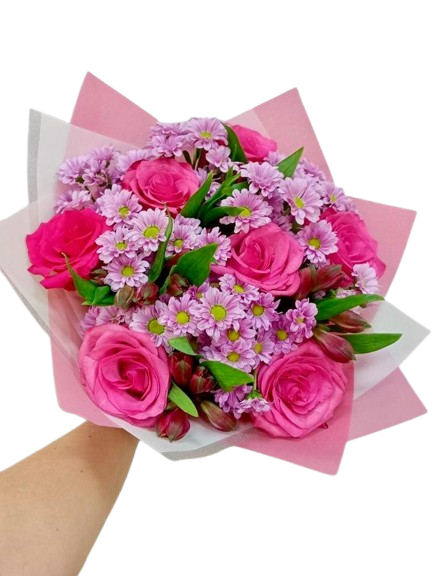 Colorido Ramo en tonos Fucsias, con Rosas, Margaritas y Astromelias